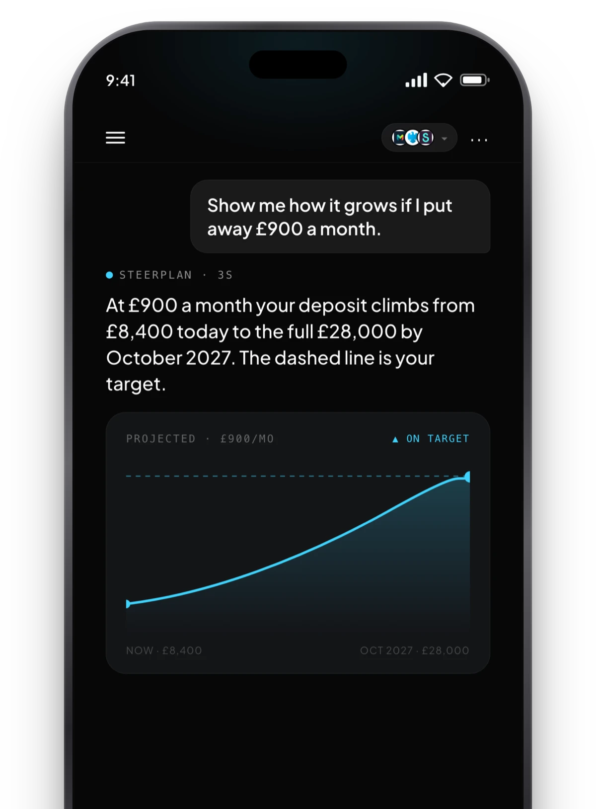 Steerplan on iPhone: a 90-day balance forecast climbing to £28,000, on target.
